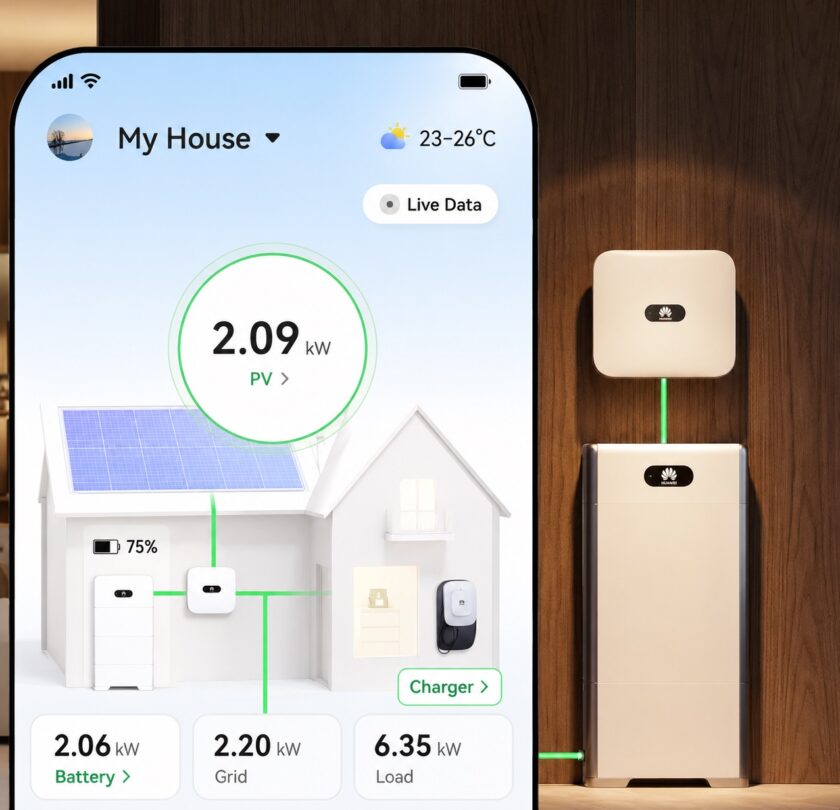 bild-på-huawei-appstyrning-och-batteri-samt-växelriktare-i-bakgrund